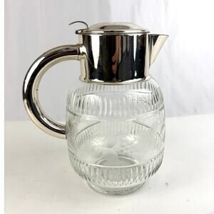 Vintage Cut Glass Water Pitcher Silverplate‎ Lid Hinged Claret Jug 10”